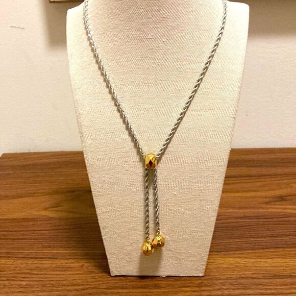 Slide Necklace Rhodium Plated with Gold tone Faceted Beads. - Picture 1 of 4